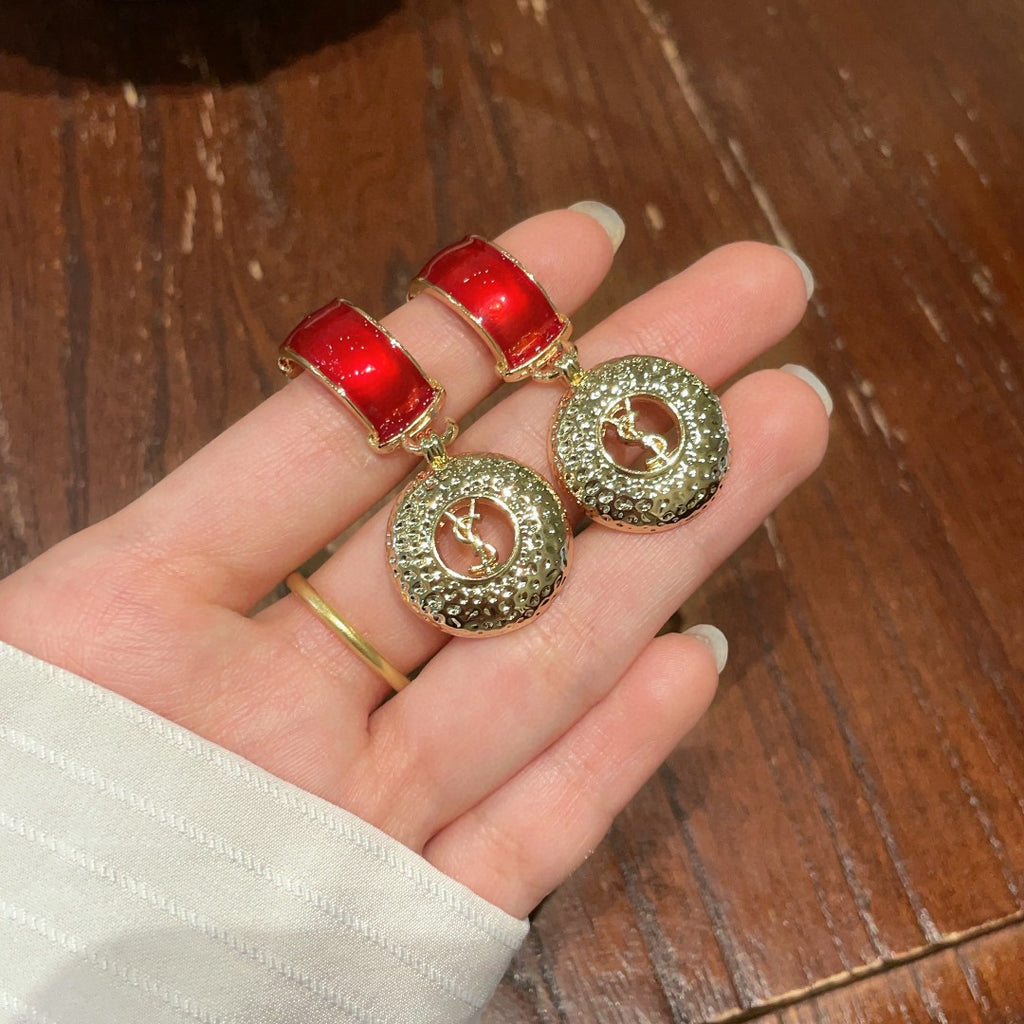 Saint Laurent Gold-Tone Red Stone Medallion Drop Earrings - album image 9