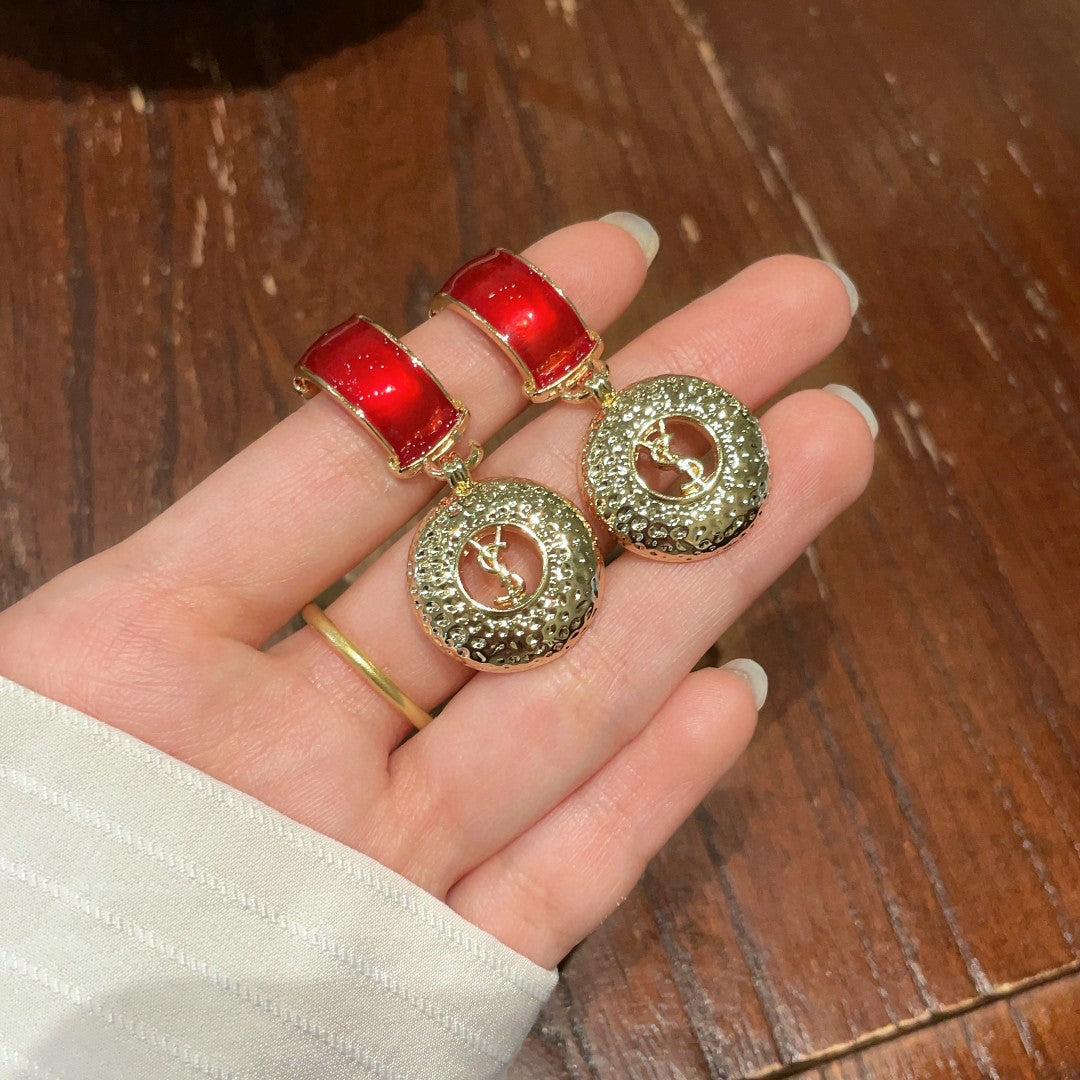 Saint Laurent Gold-Tone Red Stone Medallion Drop Earrings - album image 9