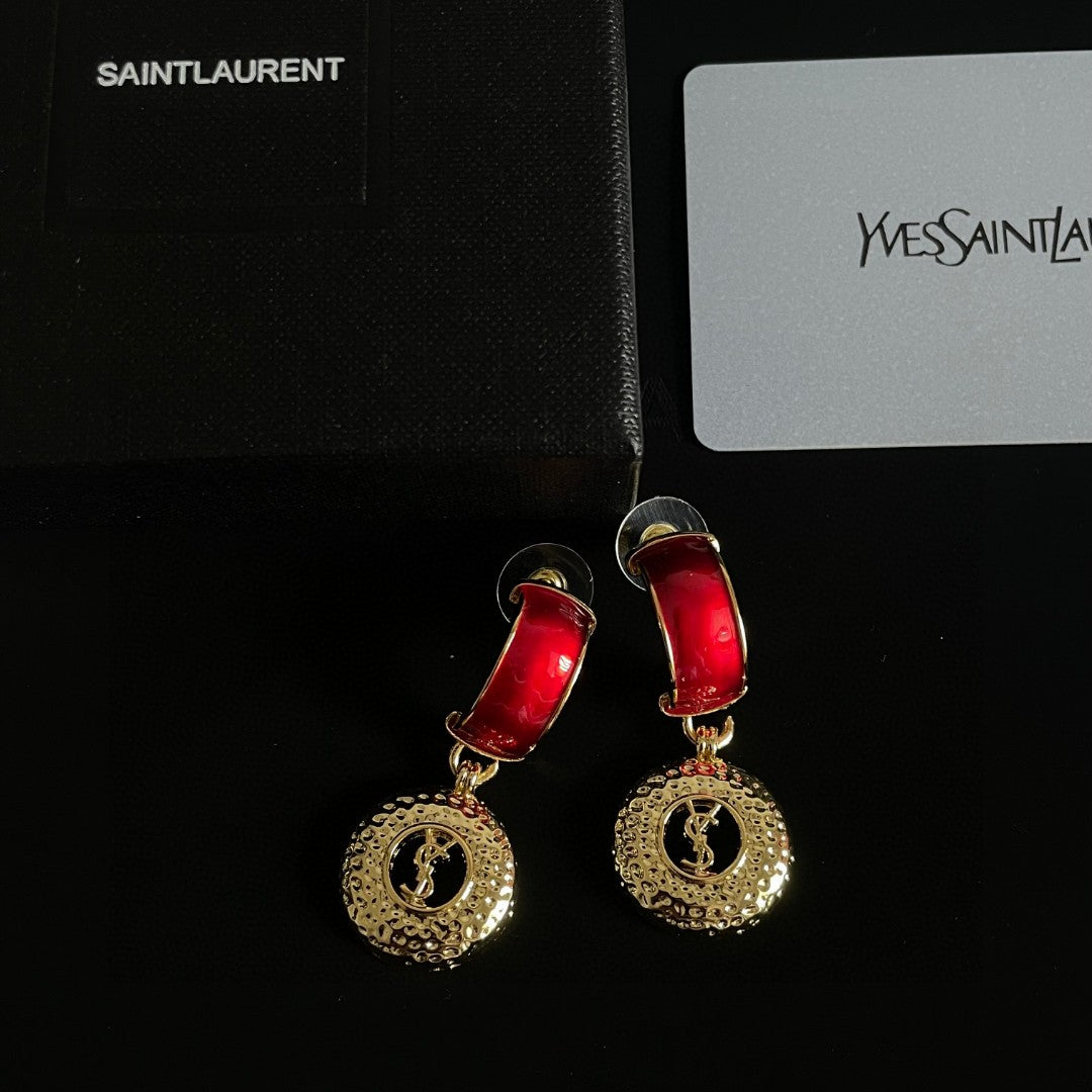 Saint Laurent Gold-Tone Red Stone Medallion Drop Earrings - album image 8
