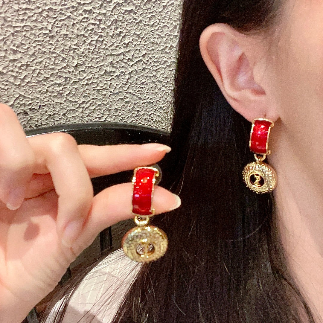 Saint Laurent Gold-Tone Red Stone Medallion Drop Earrings - album image 2