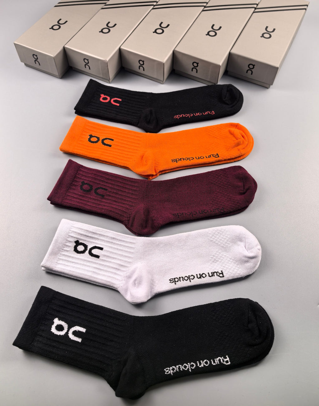 On orange burgundy crew socks - main image