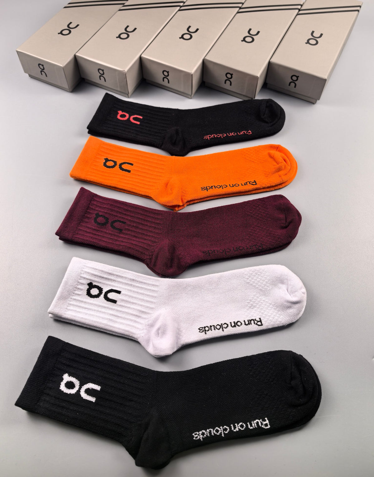 On orange burgundy crew socks - main image