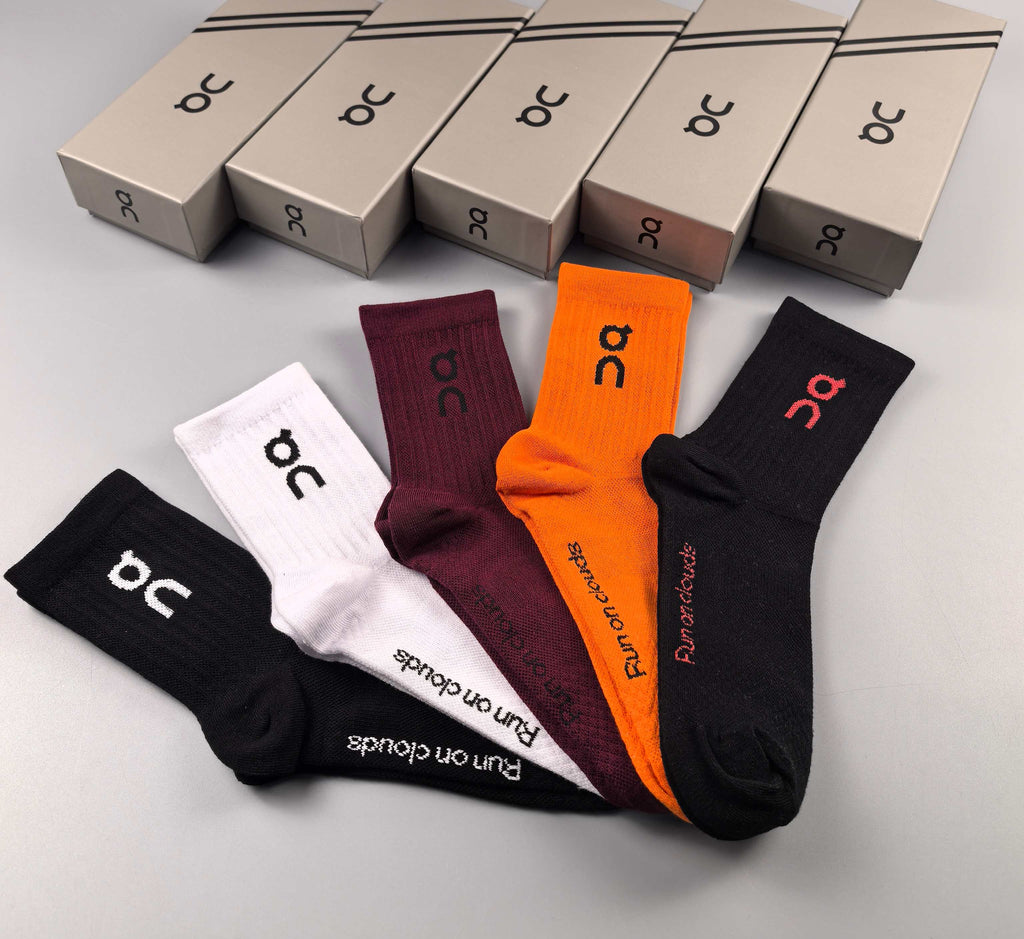 On orange burgundy crew socks - product view 2