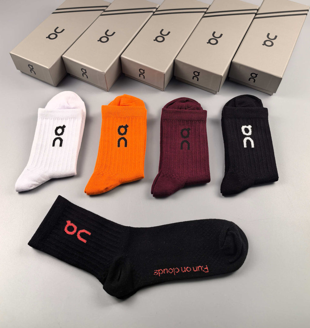 On orange burgundy crew socks - product view 3