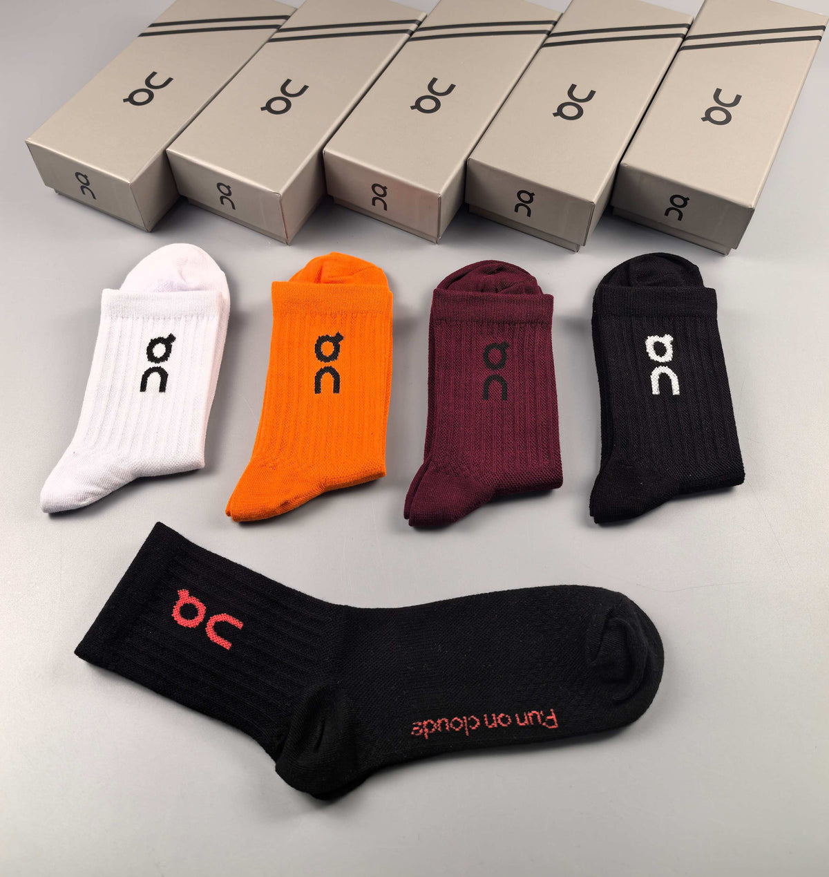 On orange burgundy crew socks - product view 3