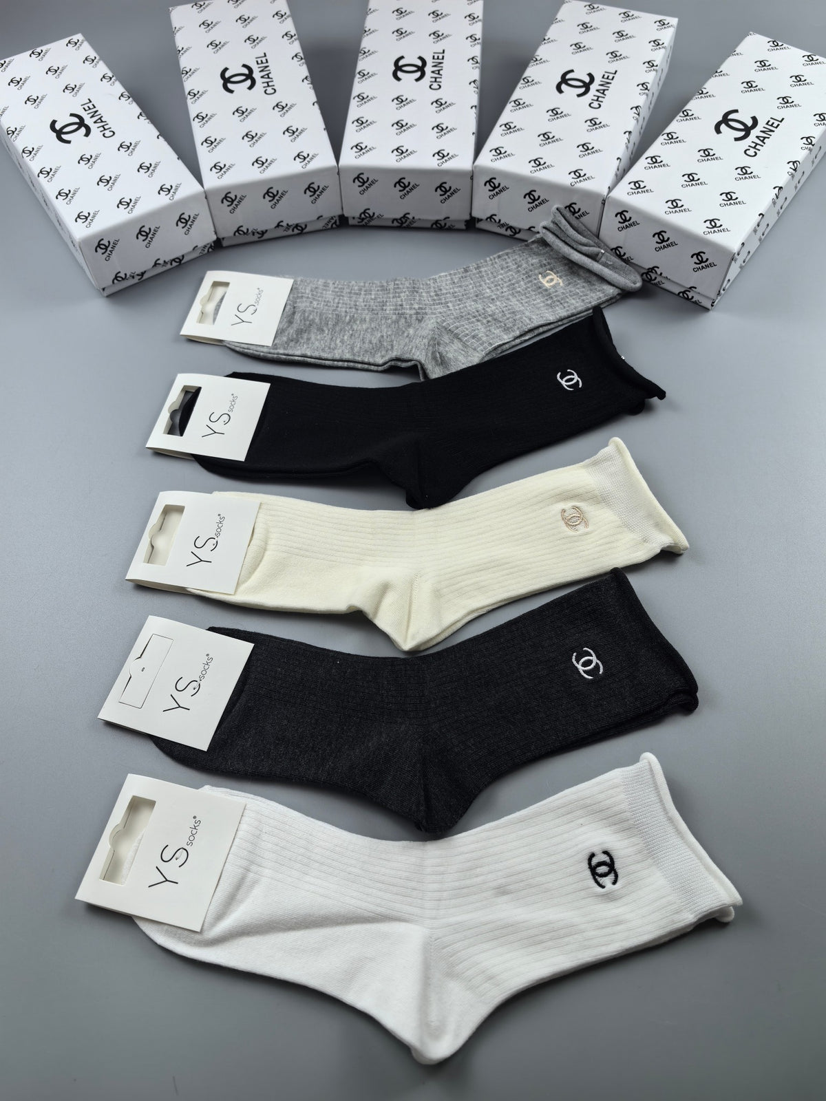 Chanel small side emblem neutrals crew socks - view 1