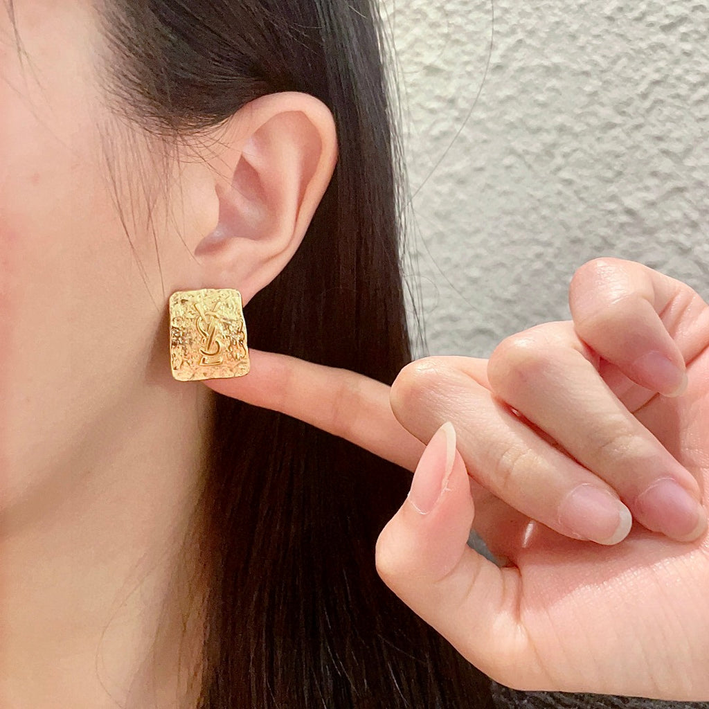 Saint Laurent Gold-Tone Textured Square Monogram Stud Earrings - album image 2