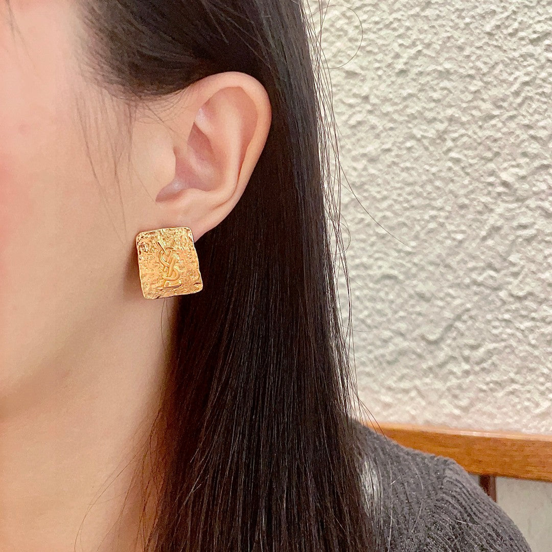 Saint Laurent Gold-Tone Textured Square Monogram Stud Earrings - album image 3