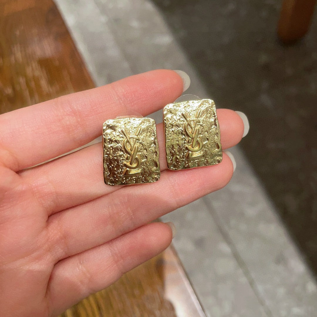 Saint Laurent Gold-Tone Textured Square Monogram Stud Earrings - album image 4