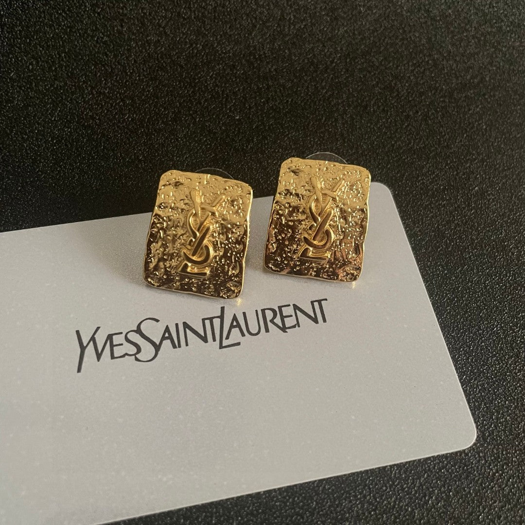 Saint Laurent Gold-Tone Textured Square Monogram Stud Earrings - album image 8