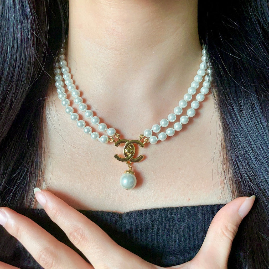 Chanel Double-Strand Pearl and Green Drop Necklace - album image 2