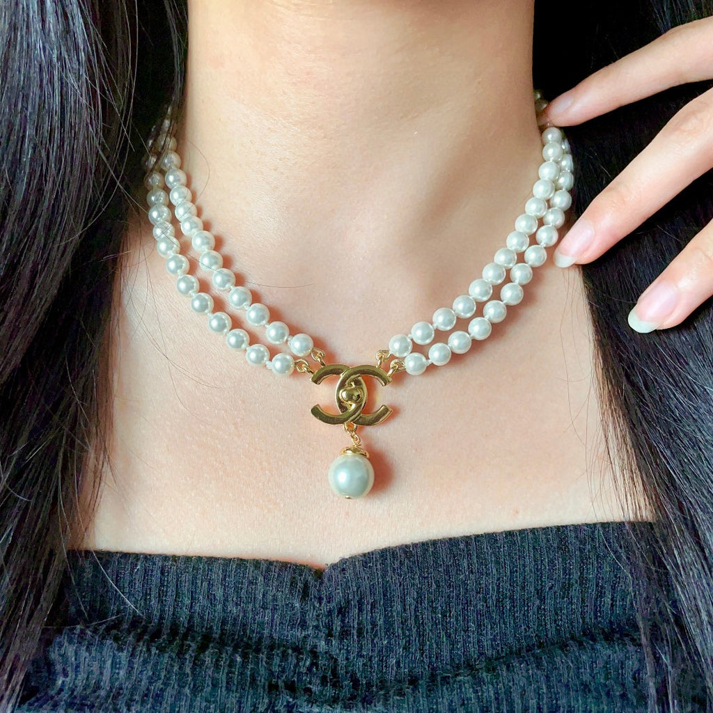 Chanel Double-Strand Pearl and Green Drop Necklace - album image 3
