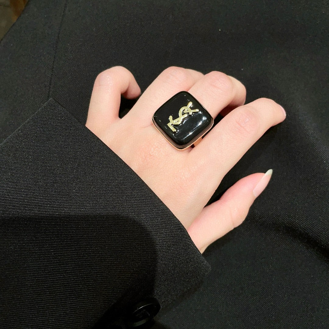 Saint Laurent Black Square Gold-Tone Monogram Ring - album image 1
