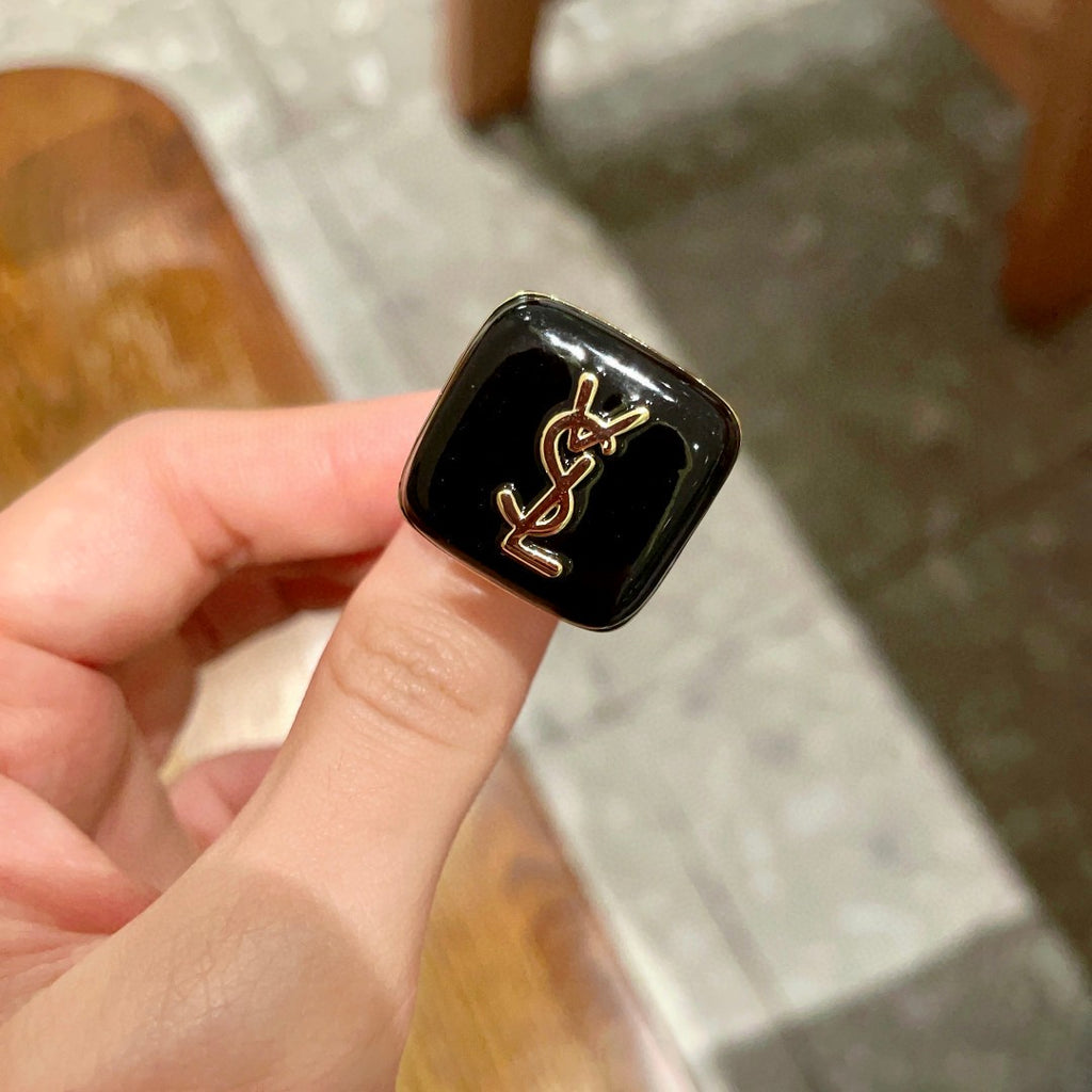 Saint Laurent Black Square Gold-Tone Monogram Ring - album image 4
