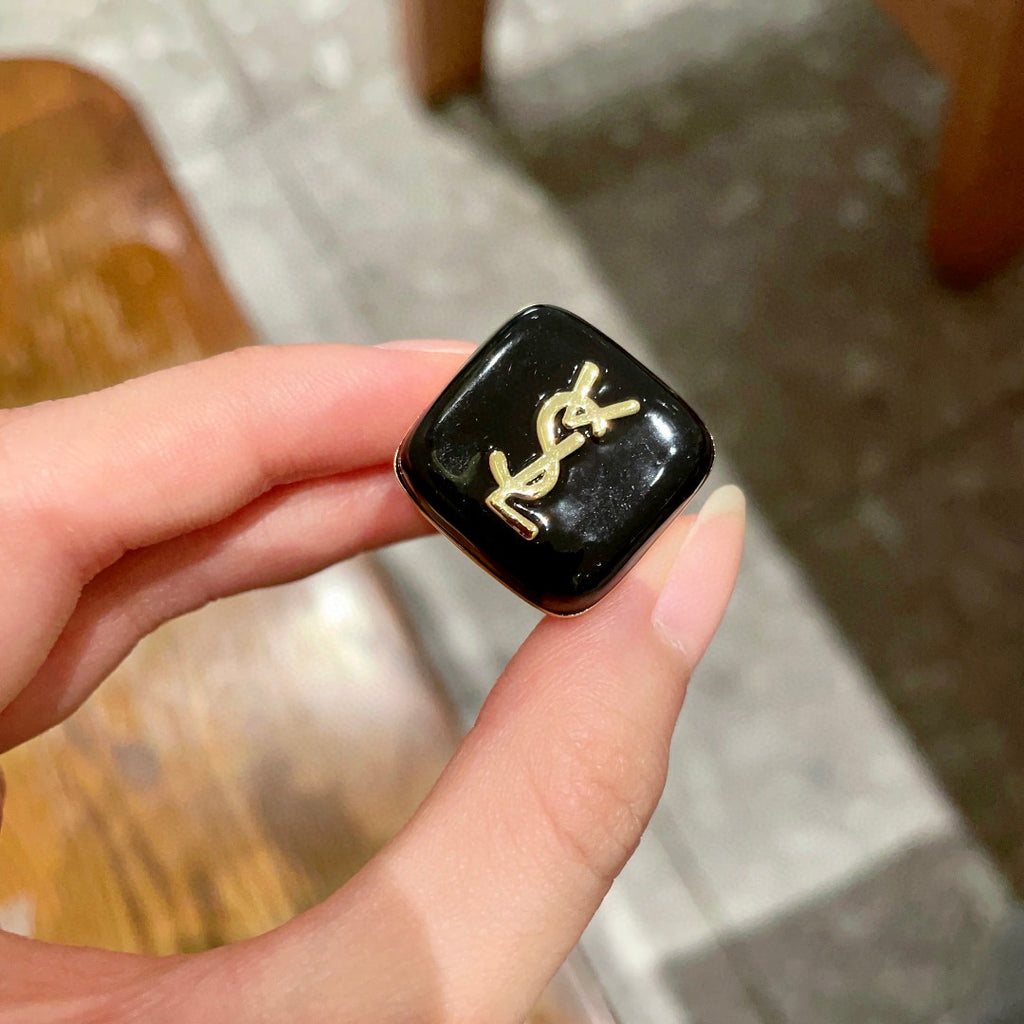 Saint Laurent Black Square Gold-Tone Monogram Ring - album image 3