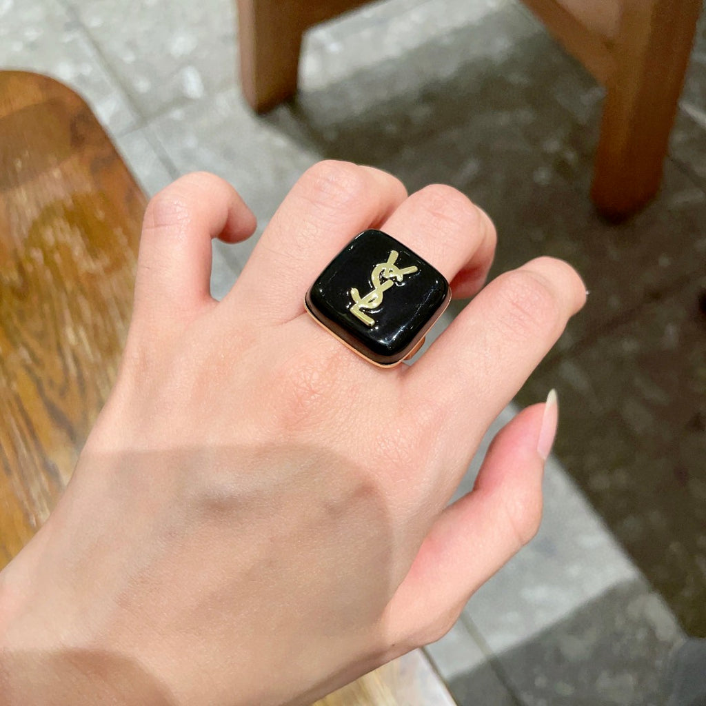 Saint Laurent Black Square Gold-Tone Monogram Ring - album image 2