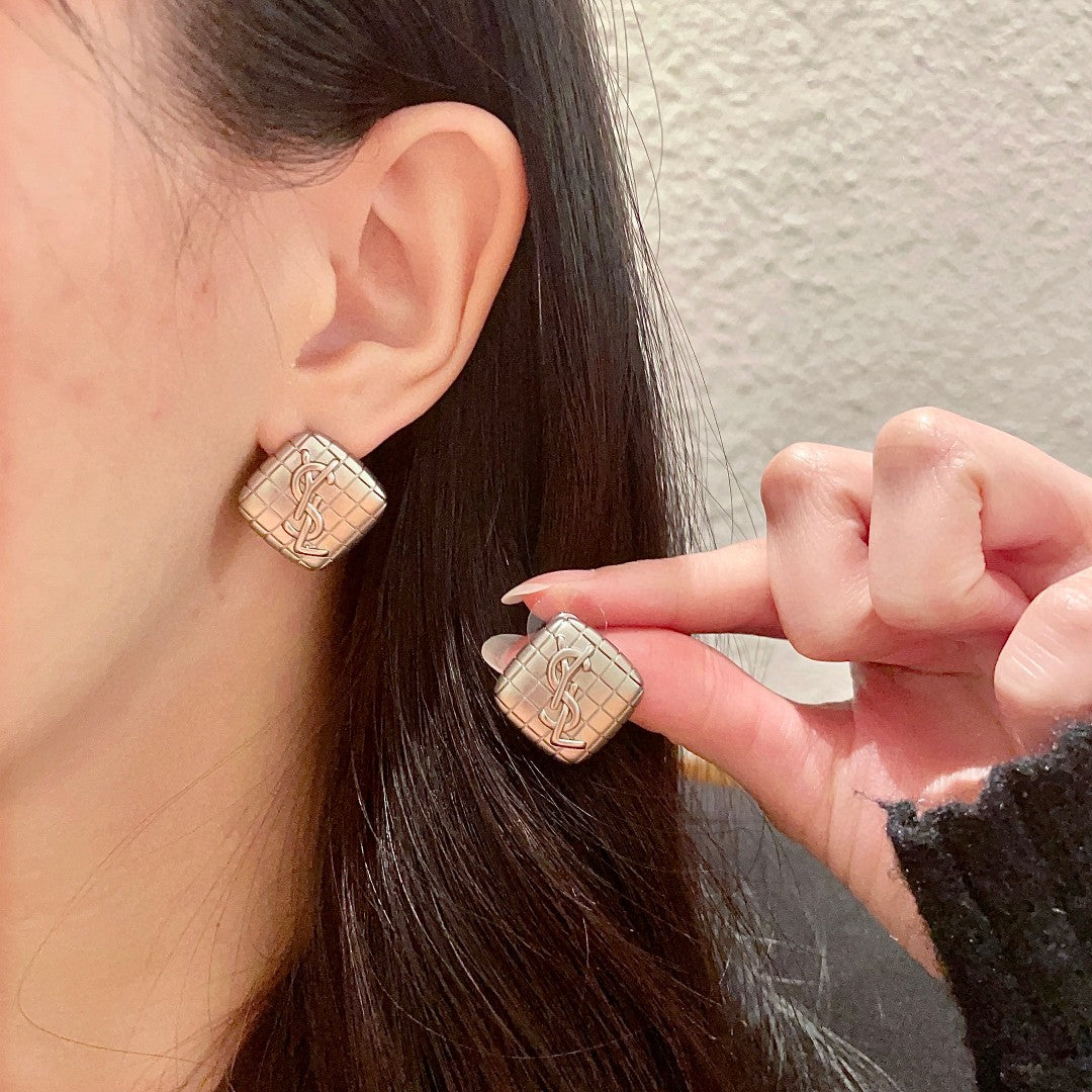 Saint Laurent Cream Square Monogram Stud Earrings - album image 1