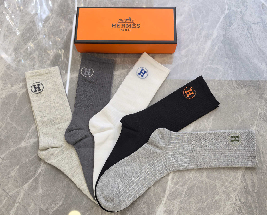 Hermes heather circle h neutrals crew socks, image 3