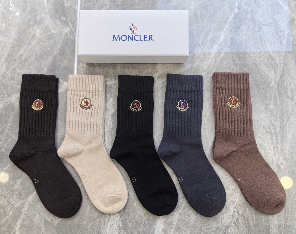 Moncler ribbed earth tone emblem crew socks - view 2