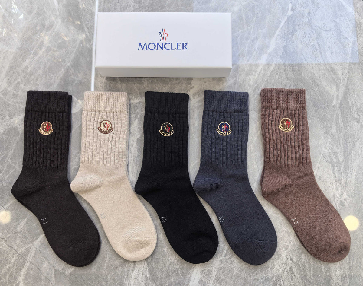 Moncler ribbed earth tone emblem crew socks - view 2