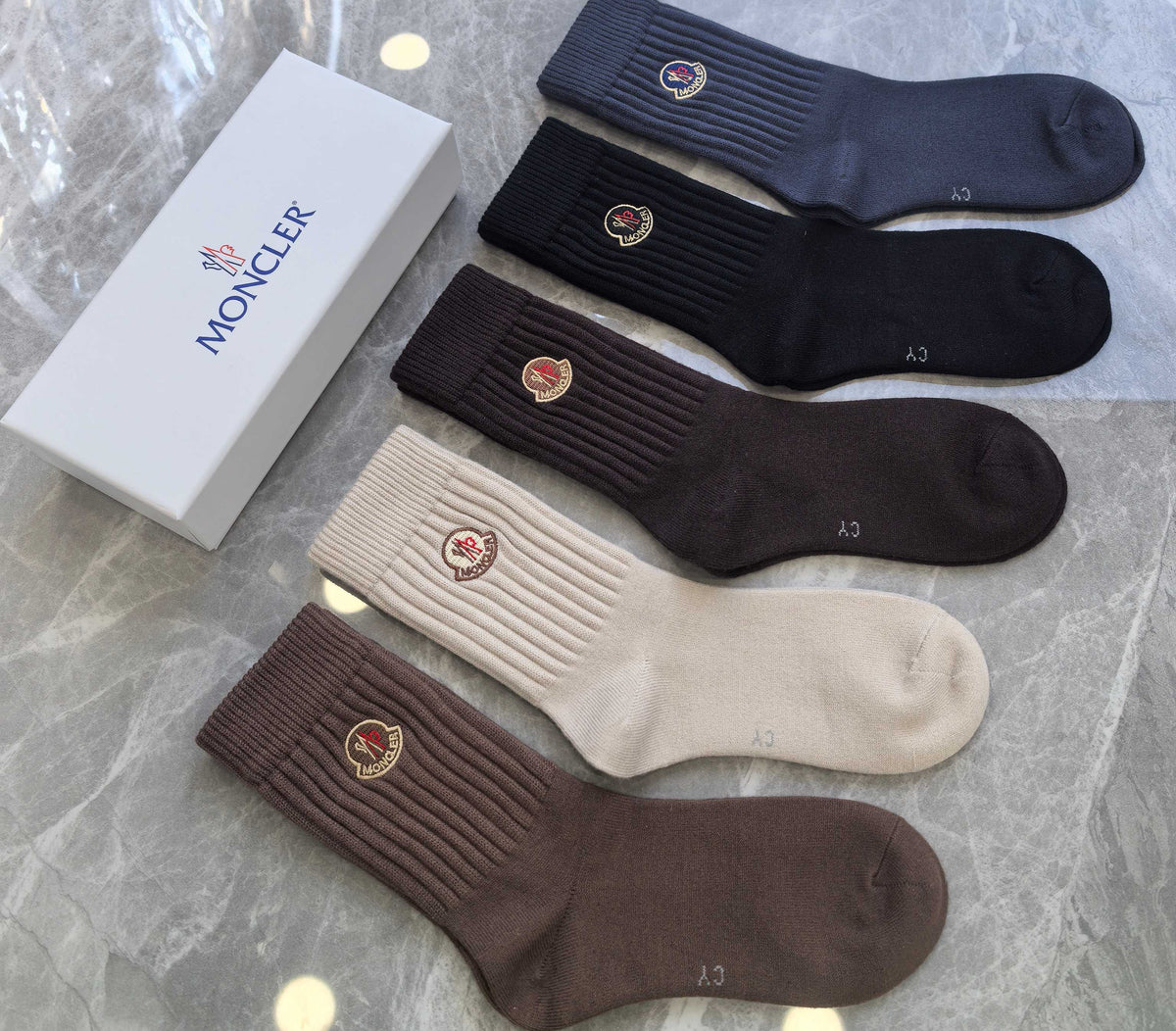 Moncler ribbed earth tone emblem crew socks - view 6