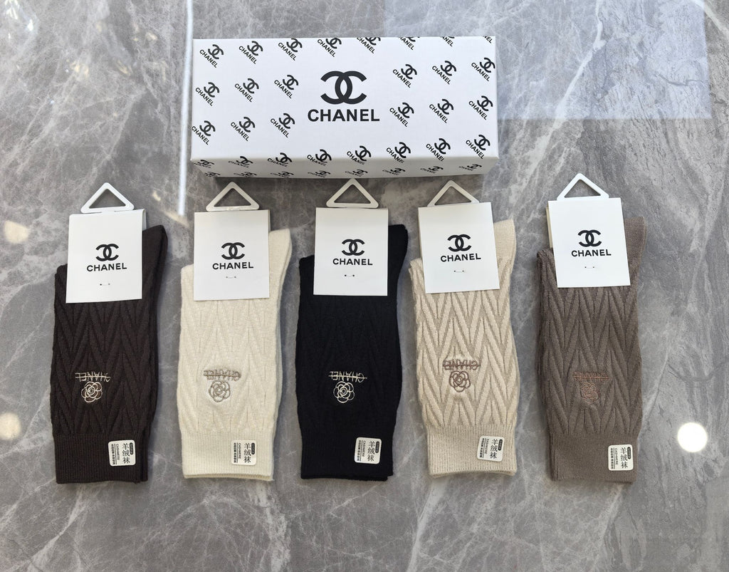 Chanel cable knit neutral emblem crew socks - view 1