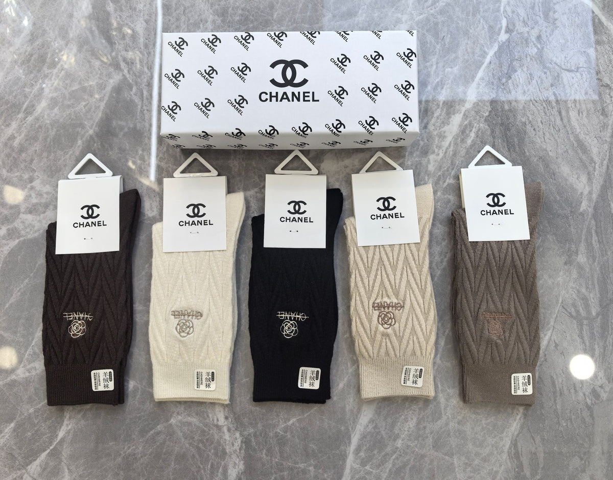 Chanel cable knit neutral emblem crew socks - view 1