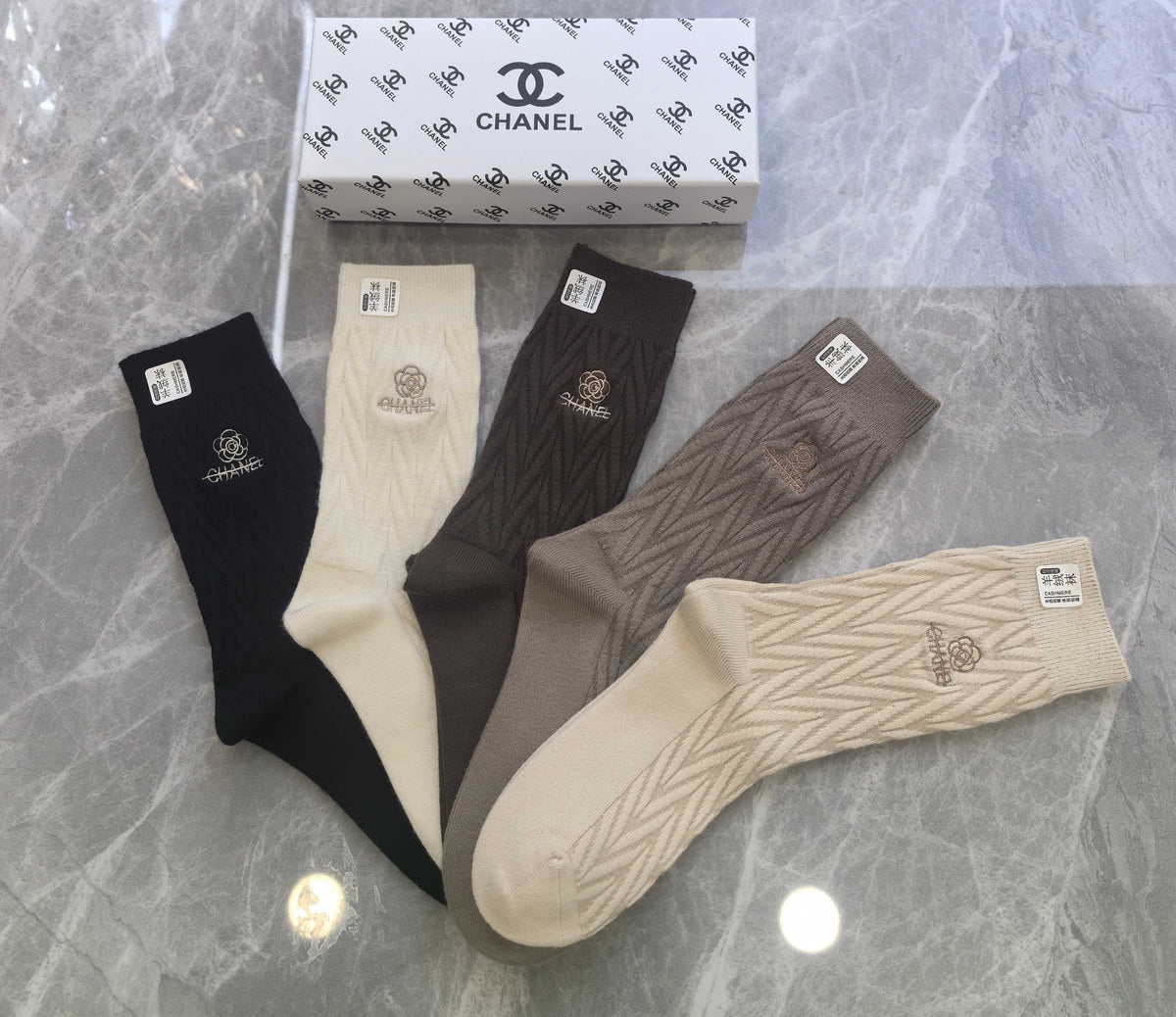 Chanel cable knit neutral emblem crew socks - view 4