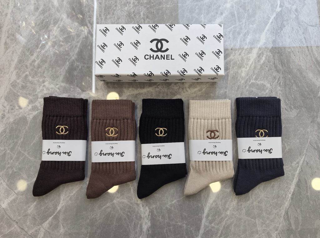 Chanel dark neutral ribbed emblem crew socks - view 1