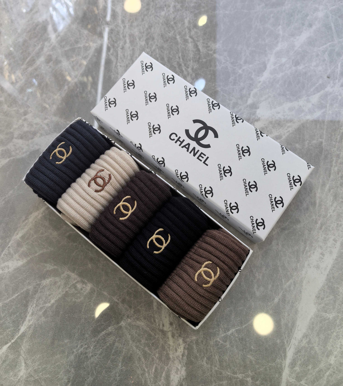 Chanel dark neutral ribbed emblem crew socks - view 6