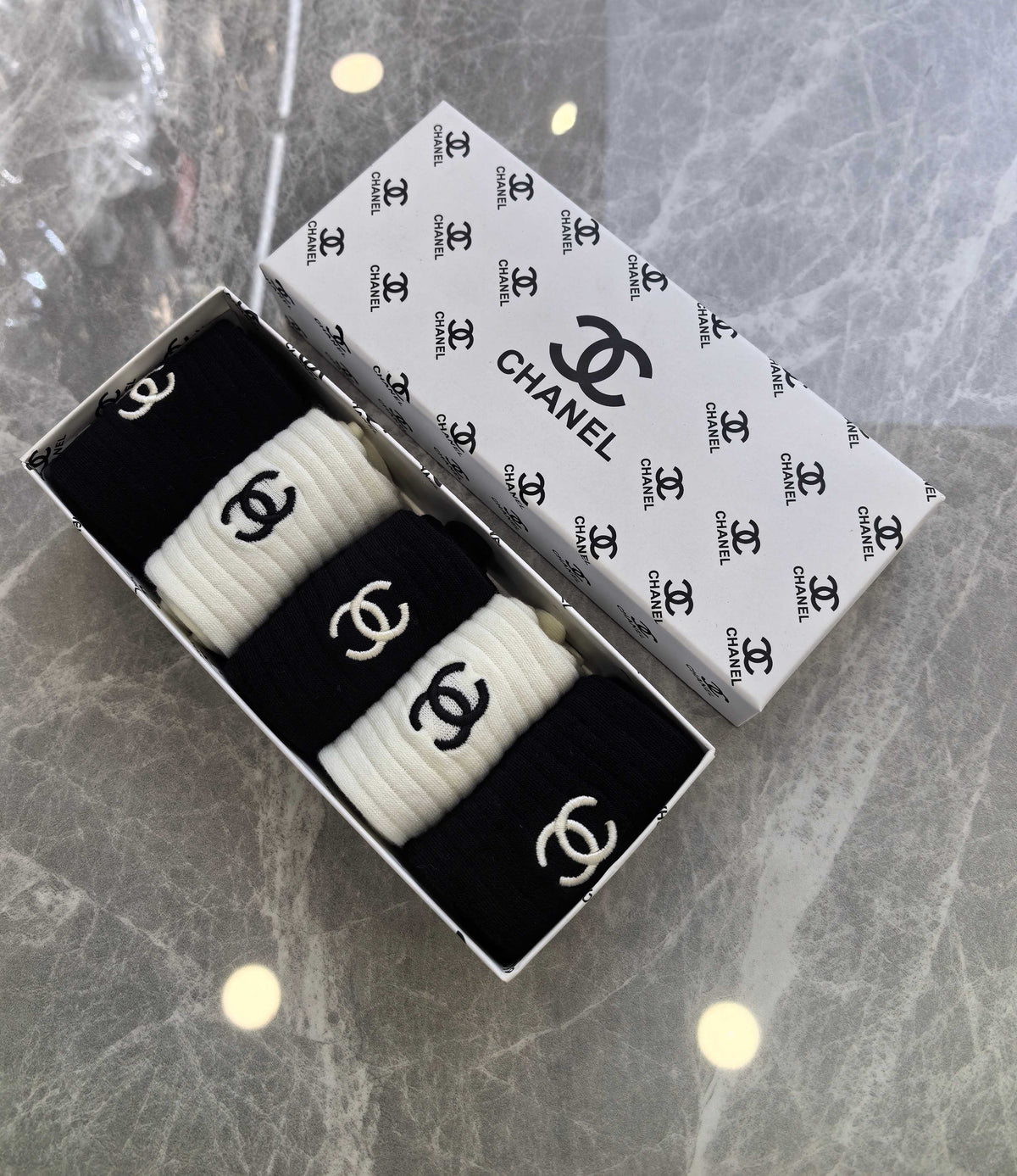 Chanel cream black small emblem crew socks - view 6