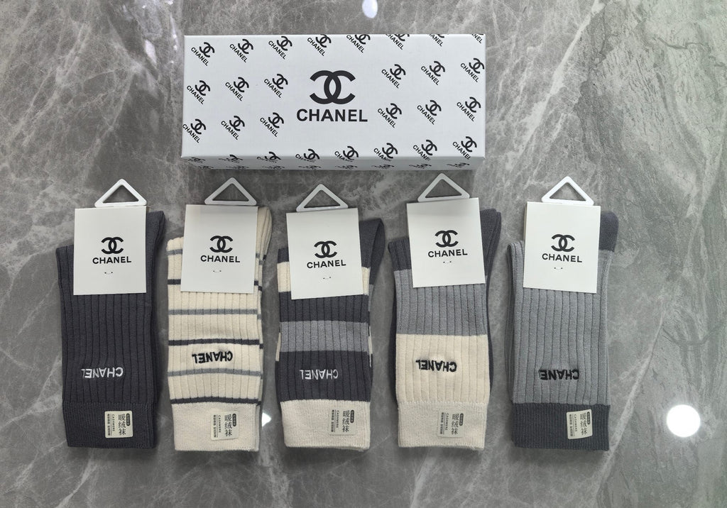 Chanel neutral lettered ribbed cuff crew socks - view 1