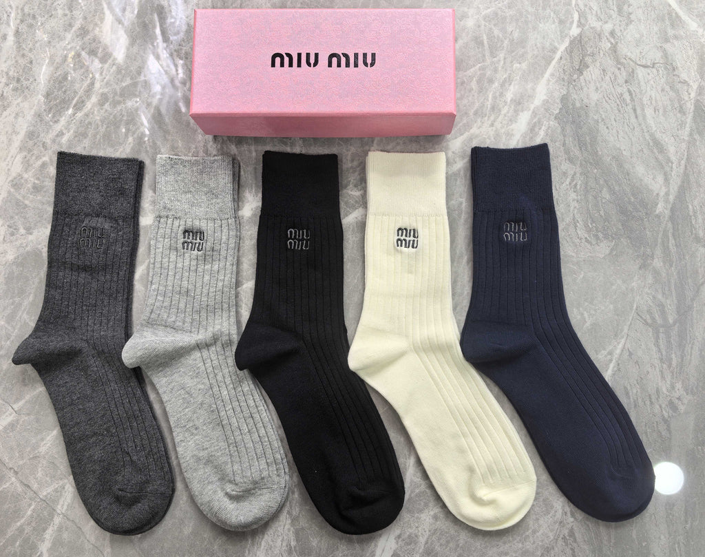 Miu Miu navy mix ribbed logo crew socks, image 1