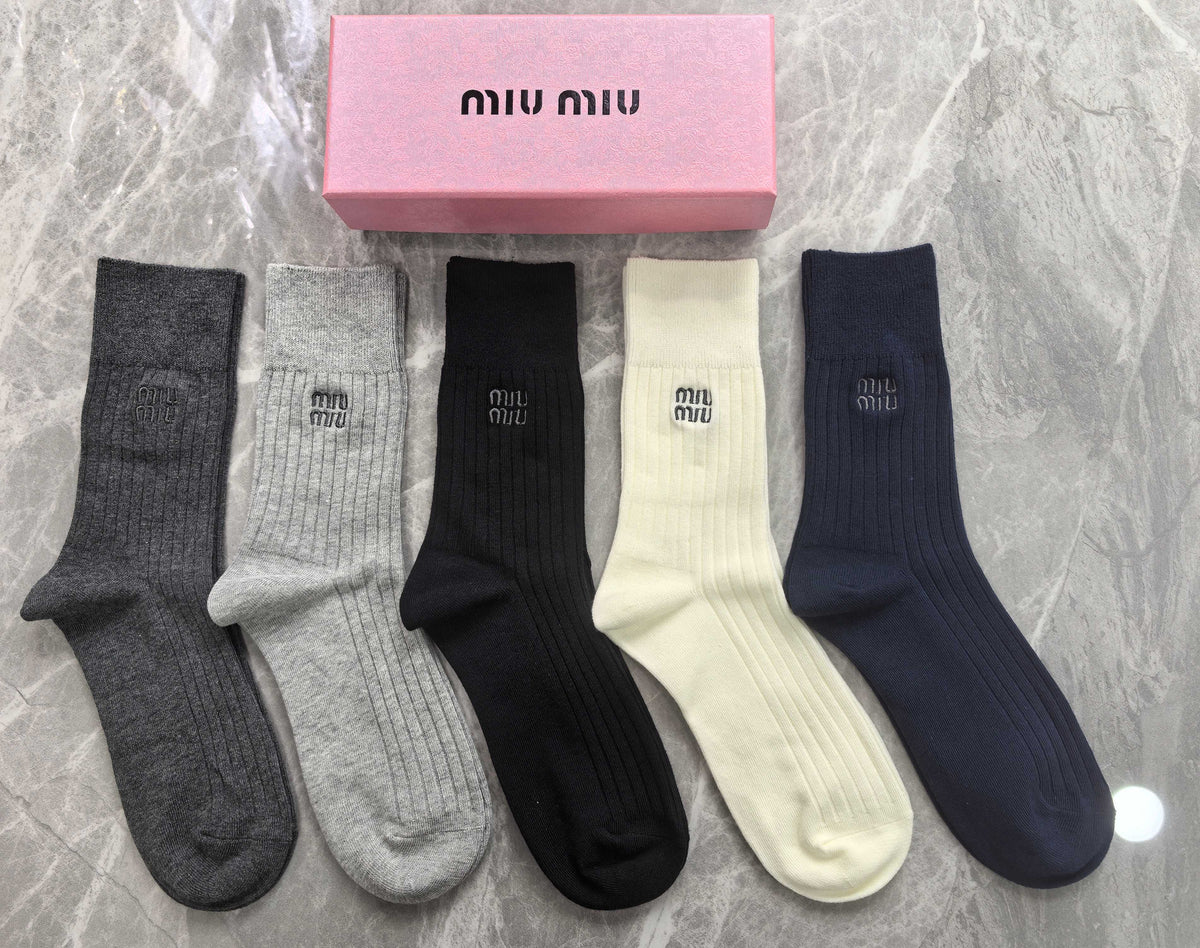 Miu Miu navy mix ribbed logo crew socks, image 1