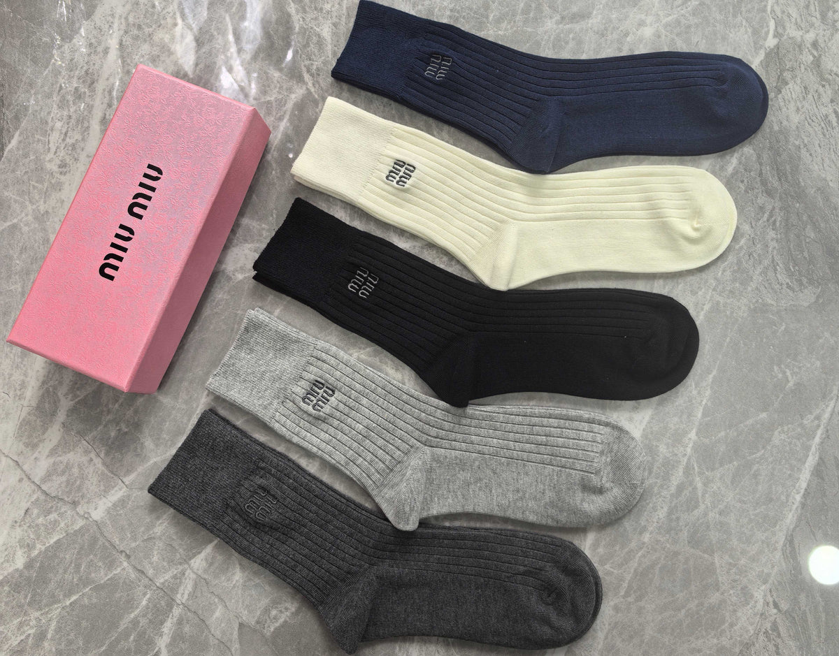 Miu Miu navy mix ribbed logo crew socks, image 4