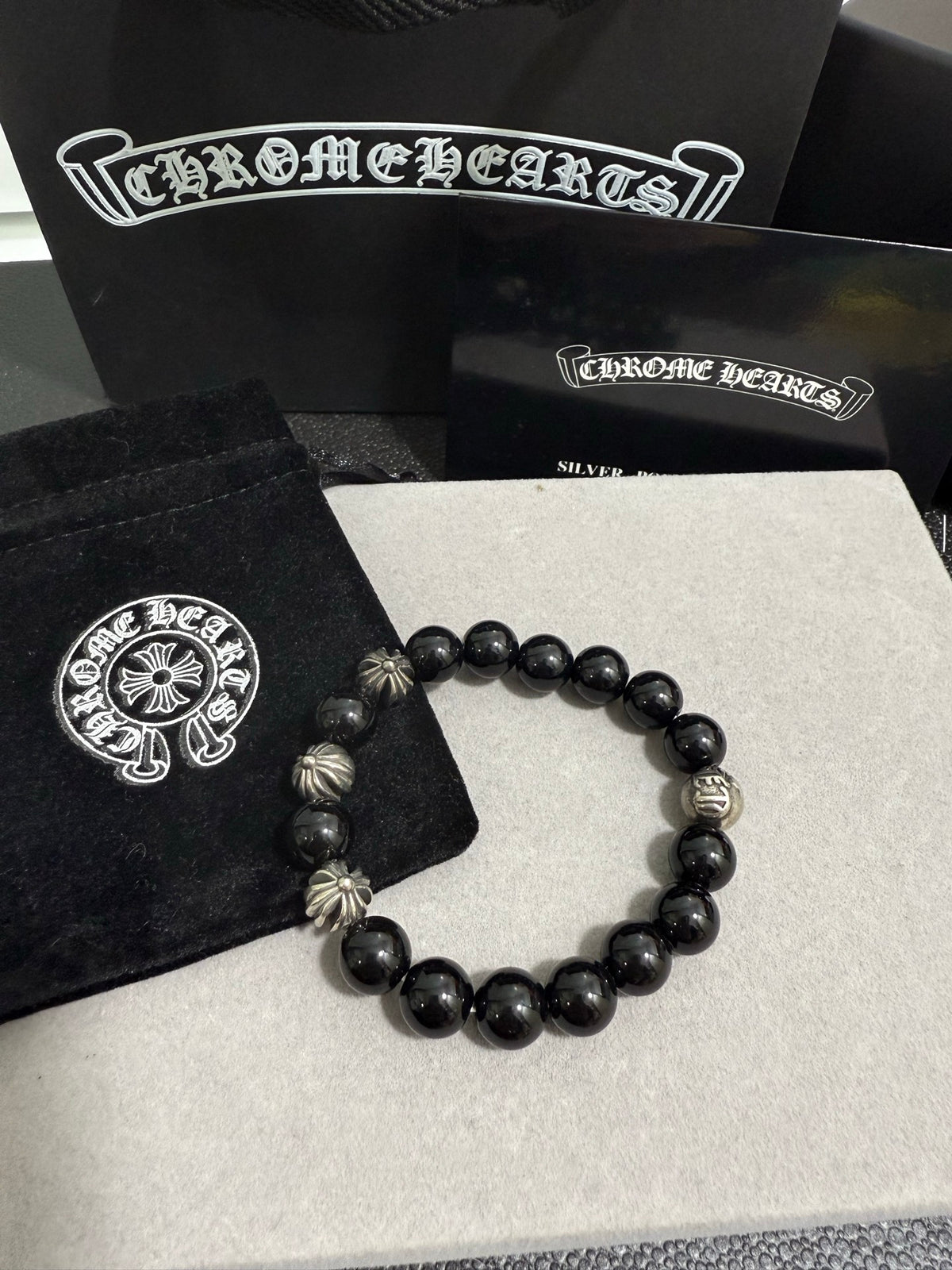 Chrome Hearts Black Bead Floral Drop Bracelet - album image 1