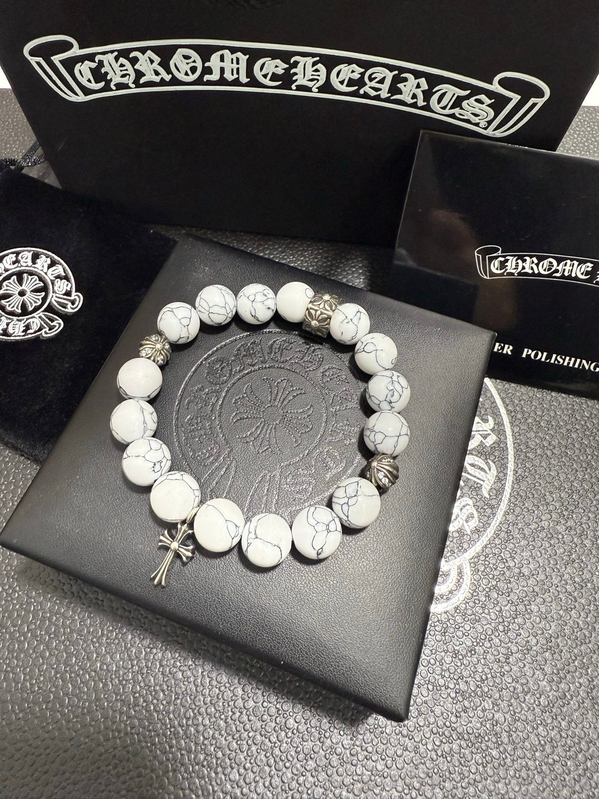Chrome Hearts White Bead Slim Cross Bracelet - album image 2
