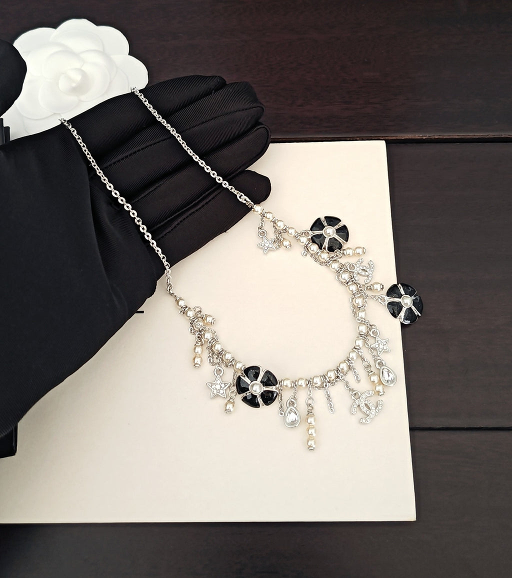 Chanel Silver-Tone Letter and Black Flower Necklace - album image 3