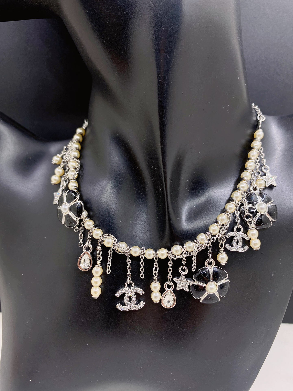 Chanel Silver-Tone Letter and Black Flower Necklace - album image 2