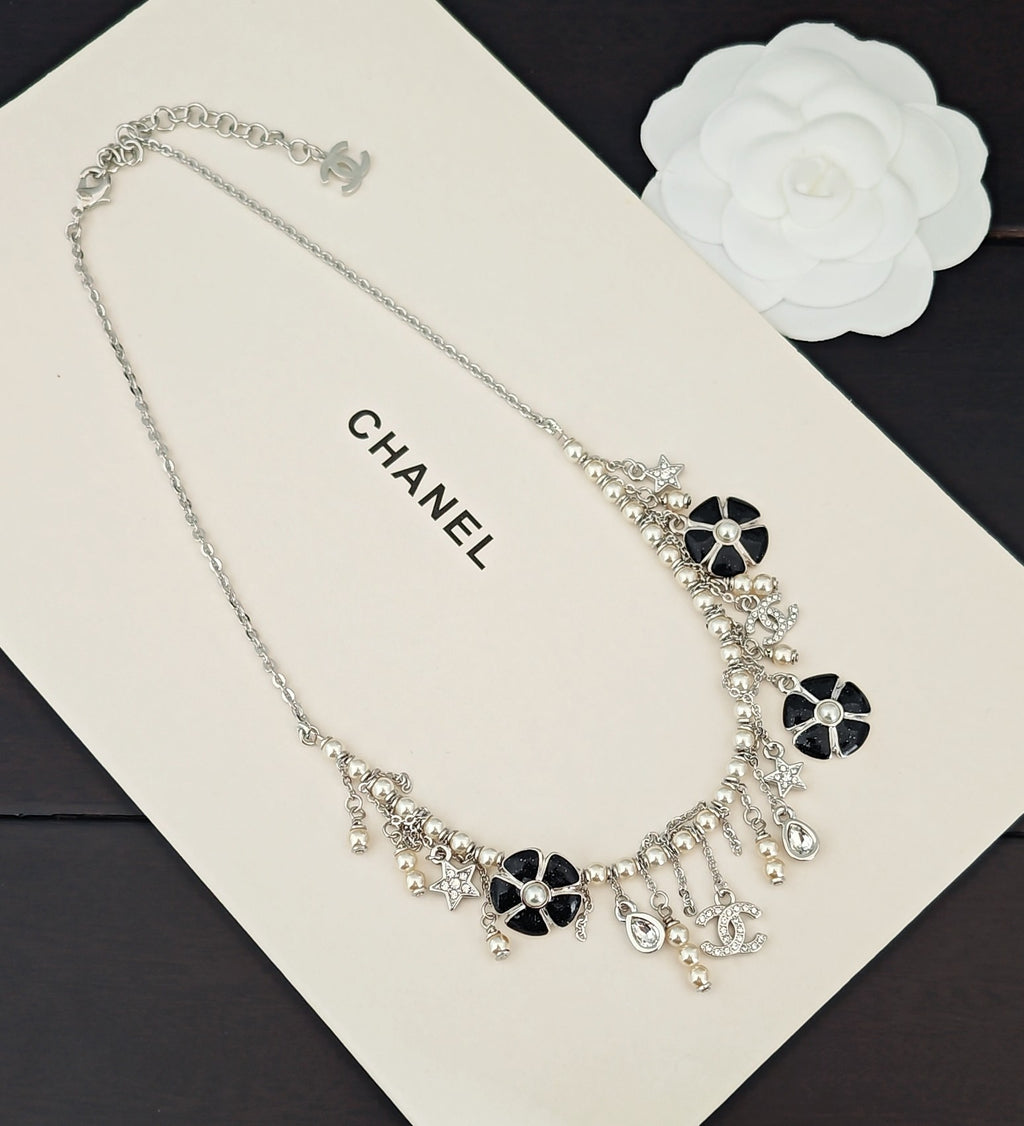 Chanel Silver-Tone Letter and Black Flower Necklace - album image 5