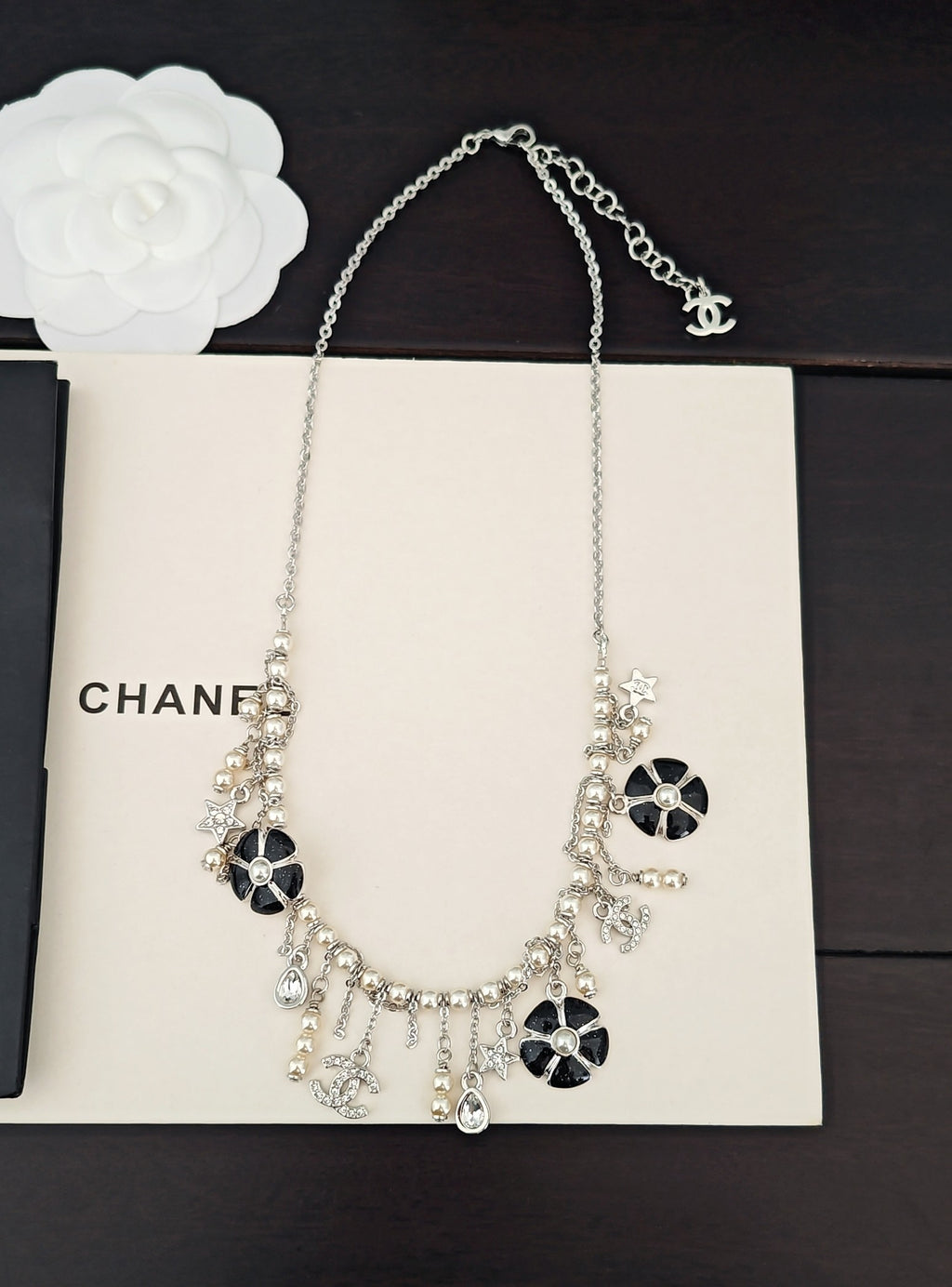 Chanel Silver-Tone Letter and Black Flower Necklace - album image 4