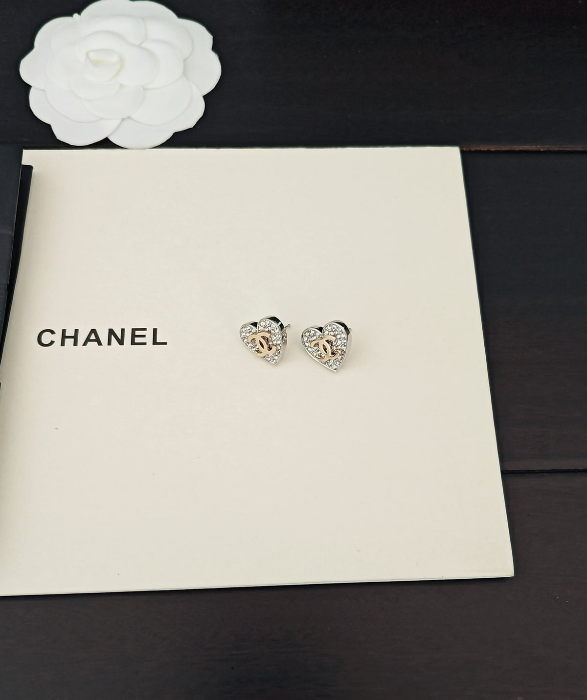 Chanel Heart Crystal Accent Stud Earrings - album image 3