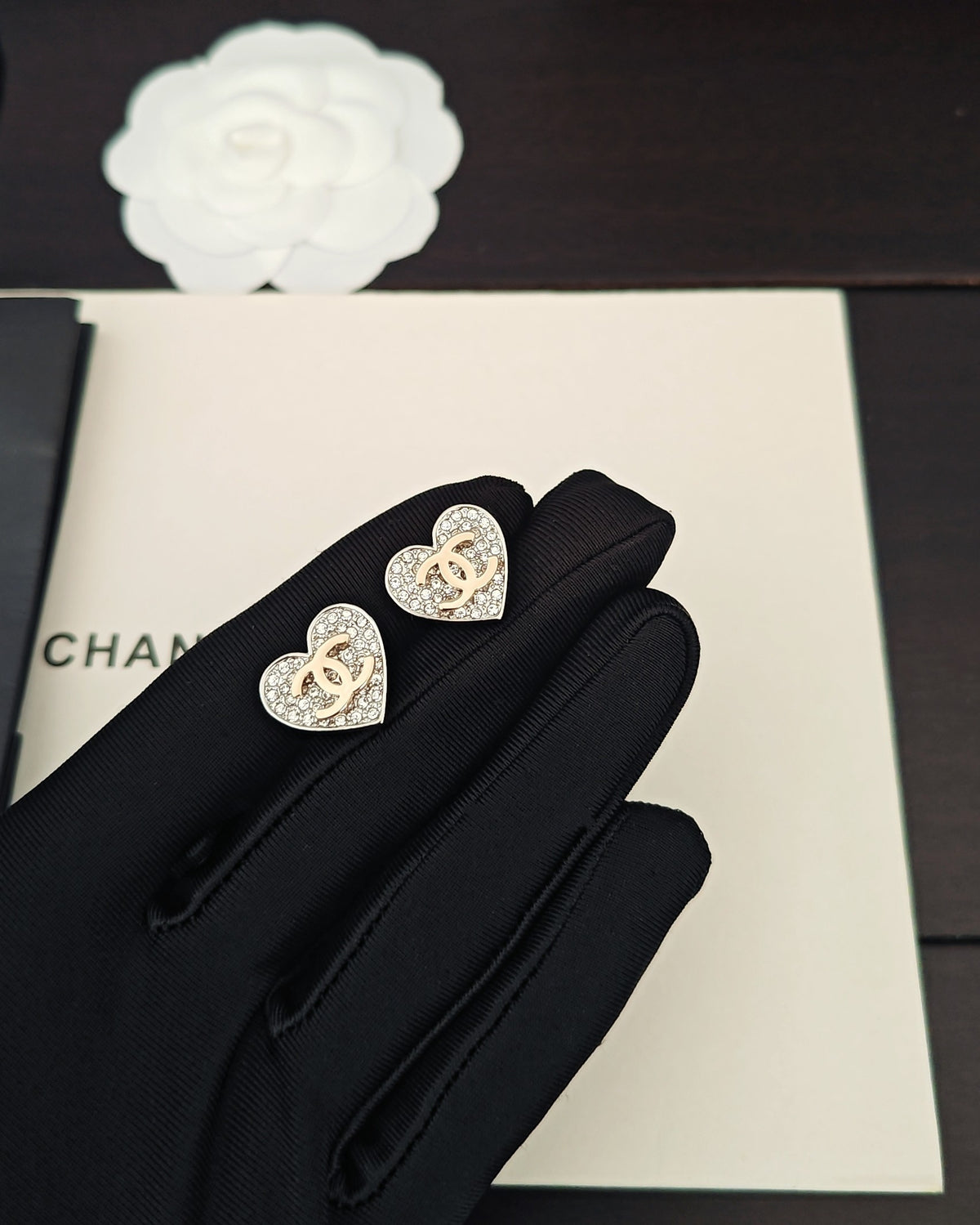 Chanel Heart Crystal Accent Stud Earrings - album image 1