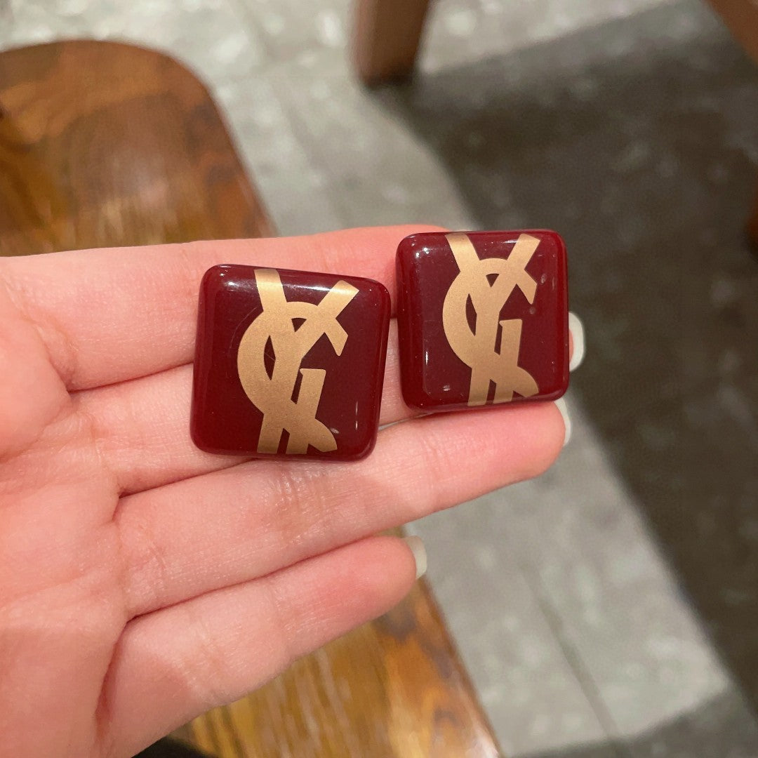 Saint Laurent Red Square Gold-Tone Monogram Stud Earrings - album image 4