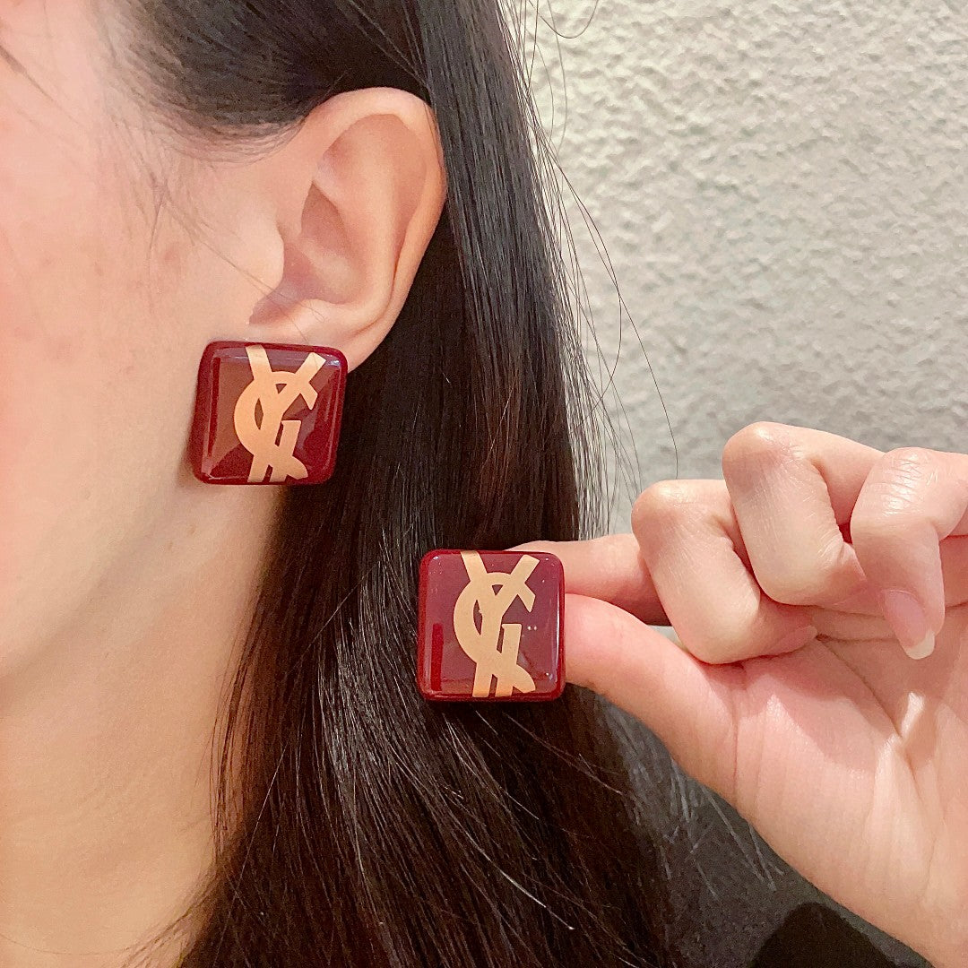 Saint Laurent Red Square Gold-Tone Monogram Stud Earrings - album image 1