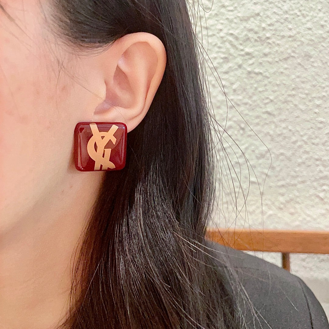 Saint Laurent Red Square Gold-Tone Monogram Stud Earrings - album image 3