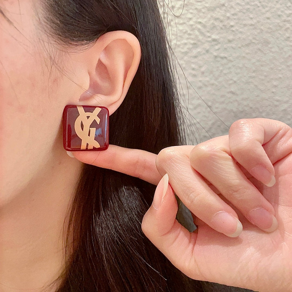 Saint Laurent Red Square Gold-Tone Monogram Stud Earrings - album image 2