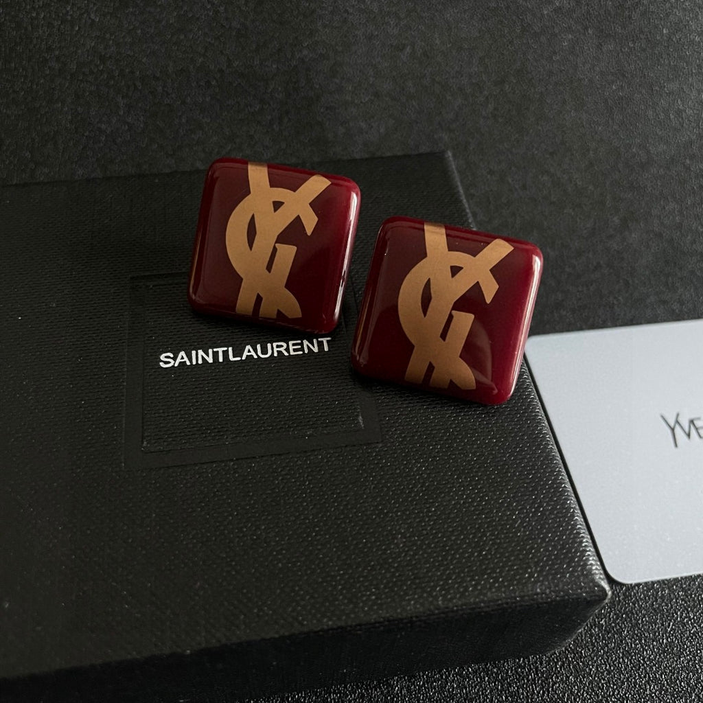 Saint Laurent Red Square Gold-Tone Monogram Stud Earrings - album image 9
