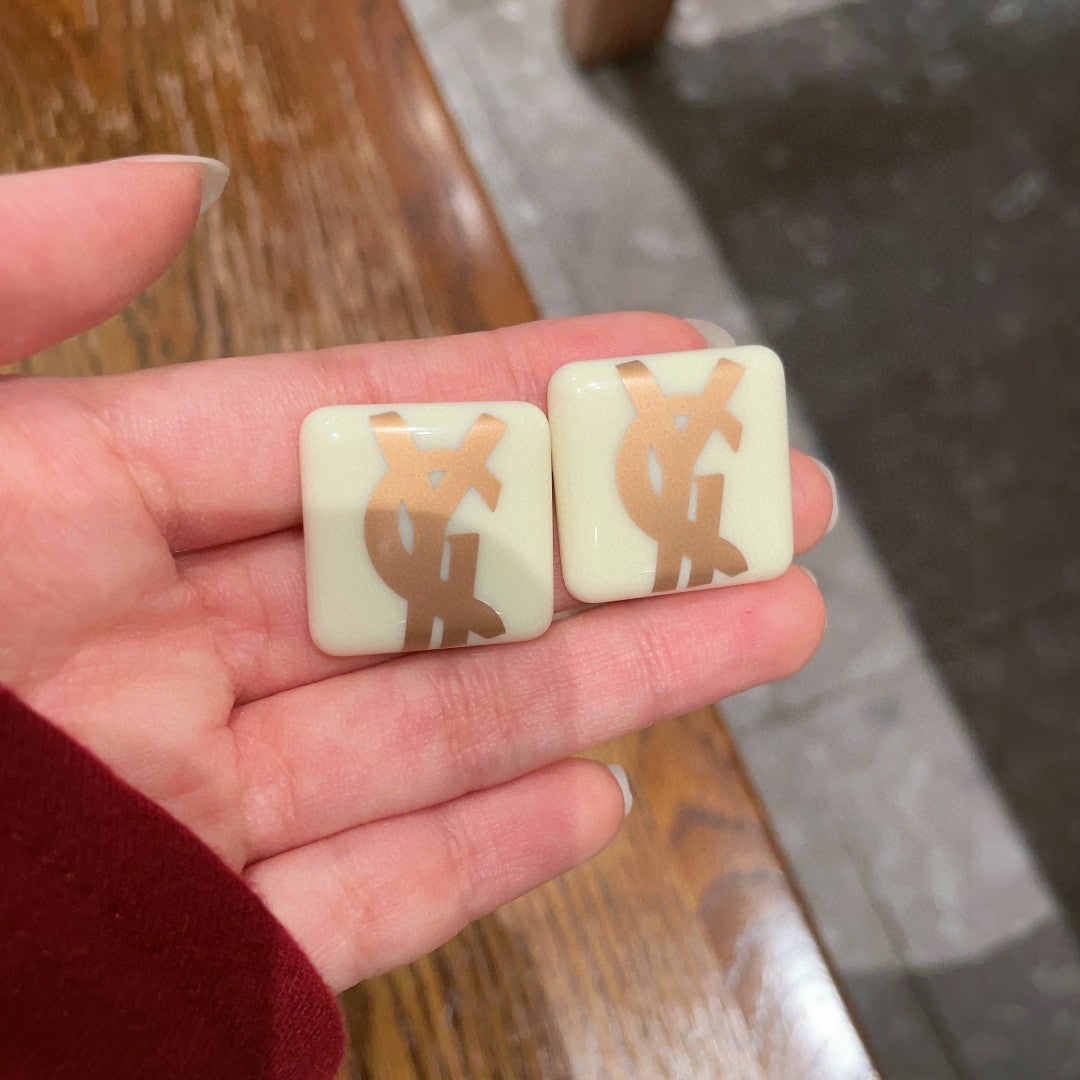Saint Laurent Cream Square Gold-Tone Monogram Stud Earrings - album image 4