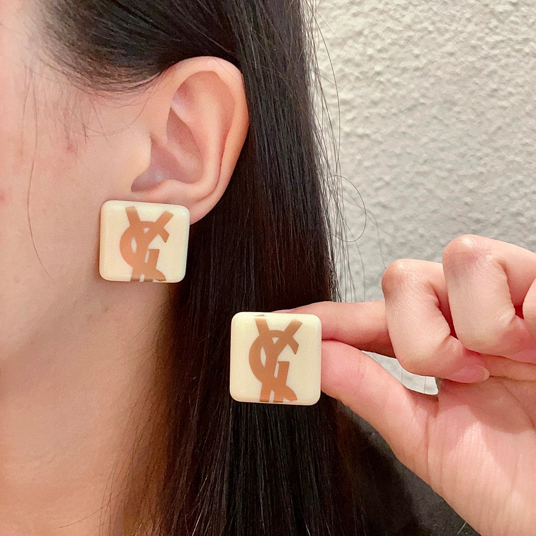 Saint Laurent Cream Square Gold-Tone Monogram Stud Earrings - album image 1